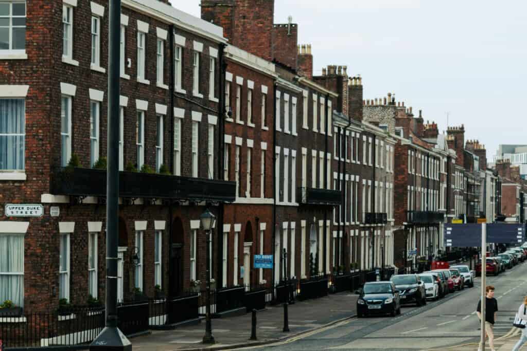 A long street of residential buildings