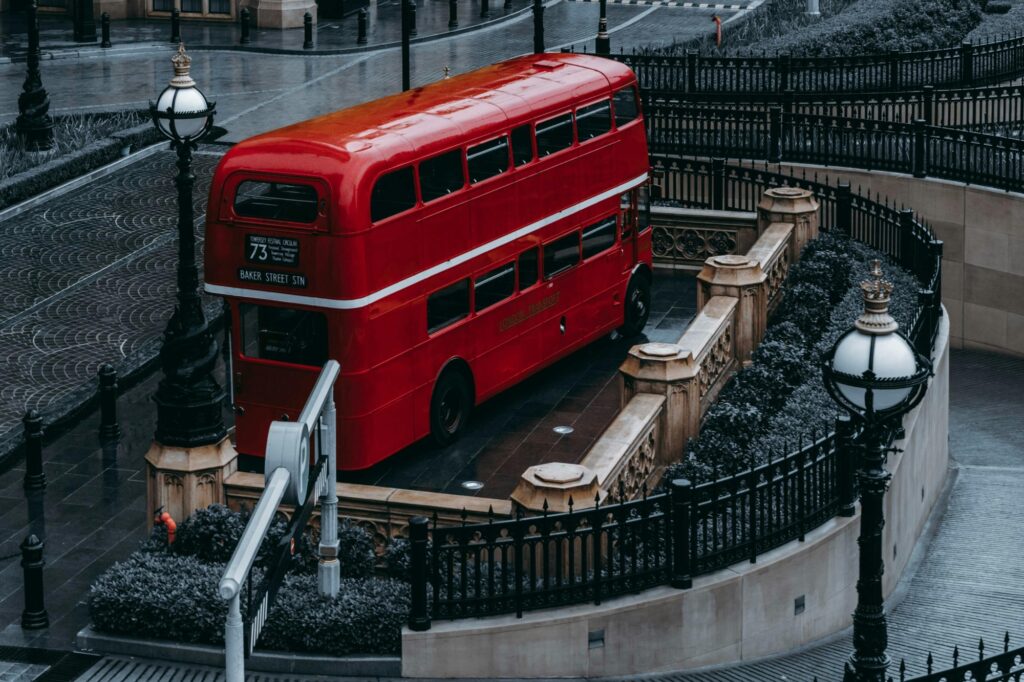 A double-decker on a bus stop in the concept of Balham's public transport.